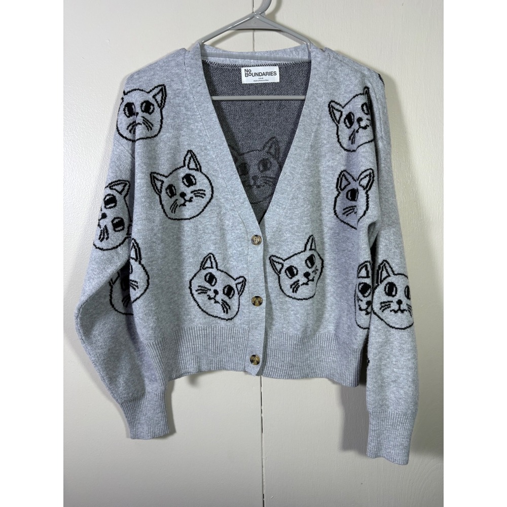 No Boundaries Gray Cat Face Knit Cardigan Sweater Size S 4-6 Kawaii Whimsigoth